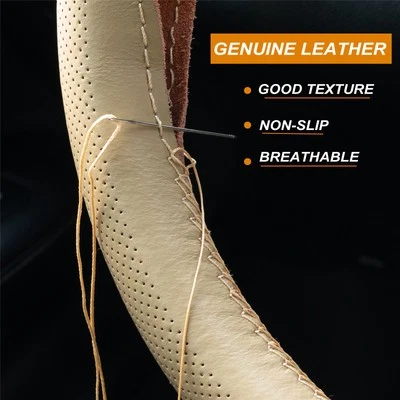 Beige Leather DIY Car Steering Wheel Cover Breathable Non-slip  w/ Needle Thread - Image 1 of 4