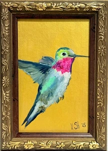 Hummingbird Bird Painting Hand Painted Gold Framed Artwork Colibri Original Gift - Picture 1 of 7