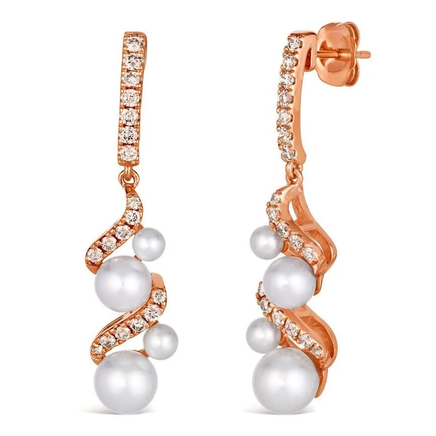 Pendientes colgantes LeVian de oro rosa de 14 quilates con diamantes blancos de perlas de agua dulce de 0,55 quilates Foto 1 de 4
