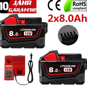  2X 8.0Ah  Für Milwaukee M18 Akku+Ladegerät M18B6 18V XC  Li-Ion 48-11-1 NEU DE  - Bild 1 von 11