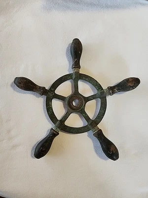 12" Diameter Antique Vtg Cast Iron NAUTICAL SHIP'S WHEEL w/ Wood Handles - Image 1 of 4