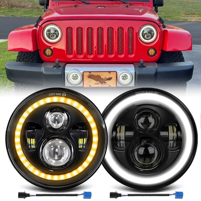 Pair 7'' Inch Round LED Headlights Halo Beam DRL For Jeep Wrangler CJ LJ JK TJ - Image 1 of 4