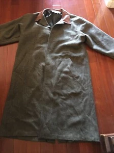 VTG Eddie Bauer Wool Herringbone Overcoat Men's Large Olive Green Leather Collar - Picture 1 of 24