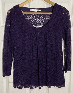Diane Von Furstenberg Top Womens Size 0 Purple Lace Floral Long Sleeve Pleated - Picture 1 of 5