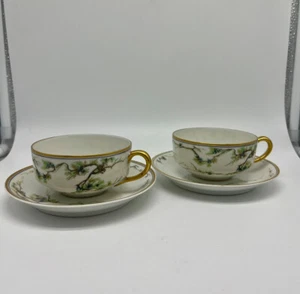 Antique Haviland Limoges Tea Cups And Saucers Schleiger 432 Arbor 1894-1931 x2 - Picture 1 of 12