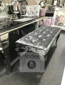 Silver Crushed Velvet Bed Stool Bench Button Dining Hallway Seat Chrome Leg L130 - Picture 1 of 14