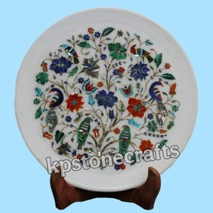 12” White Marble Peacock Inlay Wall Plate – Lapis Lazuli, Malachite, Turquoise A - Picture 1 of 6