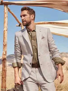 BANANA REPUBLIC BAIA HOUNDSTOOTH TAUPE LINEN SUIT JACKET 40S NEW - Picture 1 of 5