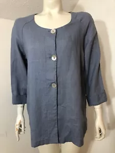 Eva Tralala Womens Medium Linen 3/4 Sleeve Blouse Slate Blue Button Front Paris - Picture 1 of 9