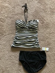 MICHAEL KORS HALTER BANDEAU TANK BLACK/CREAM SWIMSUIT MED LAST 1 - Picture 1 of 5