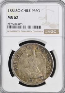 Chile 1884 Silver Peso NGC MS62 - Picture 1 of 2