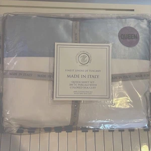 Tessitura Toscana Telerie Queen Sheet Set 300 TC White/Blue silk Border NIP - Picture 1 of 3