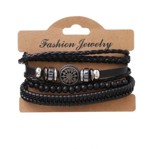 4 pz/set Bracciale Multistrato Intrecciato Pelle Hip-hop Stile Punk Bracciale Uomo - Foto 1 di 8