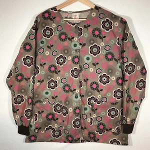 Barco Juniors Adult Large Brown Floral Long Sleeve Button Up Scrub Jacket - Picture 1 of 6