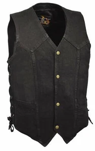 MENS MOTORCYCLE BLACK 14.5oz COTTON DENIM VEST w/ DUAL CONCEAL GUN POCKETS -SADU - Picture 1 of 2