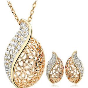 Gold Plated Crystal Necklace Pendant Chain Earrings Girl Women Fashion Jewelry - Picture 1 of 9