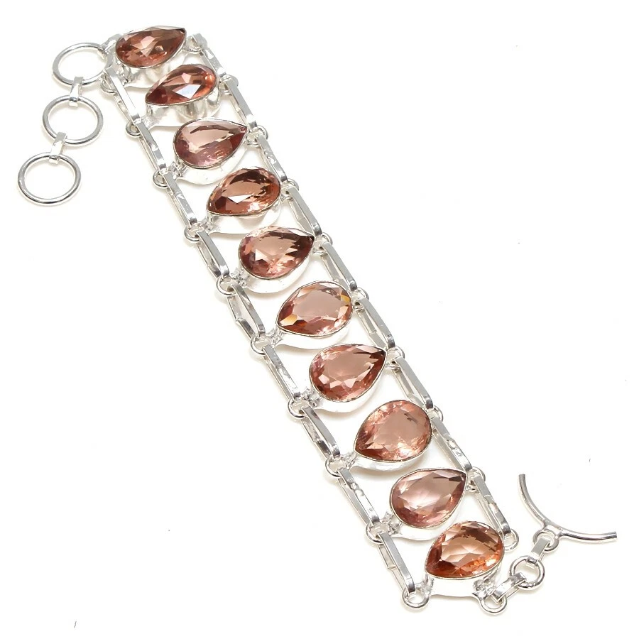 Brazalete de joyería de plata de ley 925 hecho a mano con piedras preciosas de morganita melocotón talla 7-8" Foto 1 de 1