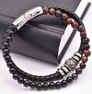 Men's Obsidian Tiger's Eye Leather Healing Energy Reiki Bracelet Perfect Gift - Picture 1 of 12