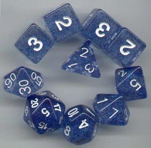 RPG Dice 10pc - Glitter Blue - 1 @ D4 D8 D10 D12 D20 D00-10 & 4 D6 - Picture 1 of 1