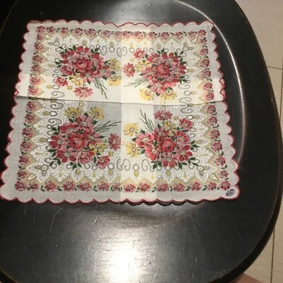 复古红白混合花卉手帕/手帕 11 英寸 x 11 英寸 #159A — 第 1/4 张图片