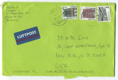 2001 Germany Cover DM & Euro Mixed Franking Airmail to USA w/ Porta Nigra - Image 1 of 2