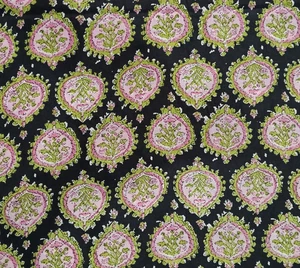 Tela impresa en bloque de mano de 2,5 yardas de algodón floral negro verde... - Imagen 1 de 4