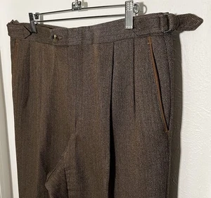 Paul Fredrick 34x32 Brown Herringbone Wool Pleated Side Tab Dress Pants TRAD IVY - Picture 1 of 10