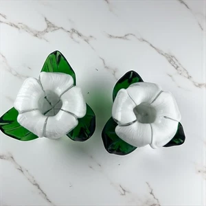 Hand blown Glass Flower Candle Holder Green Leaves With White Flower Set Of 2 - Picture 1 of 9