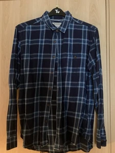 Burtons Menswear Long Sleeved Navy Check Shirt Large Cotton - Picture 1 of 5