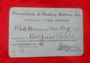 Rev. Hiram McVey Philadelphia & Reading Special Time Order Pass 1906 - Picture 1 of 2