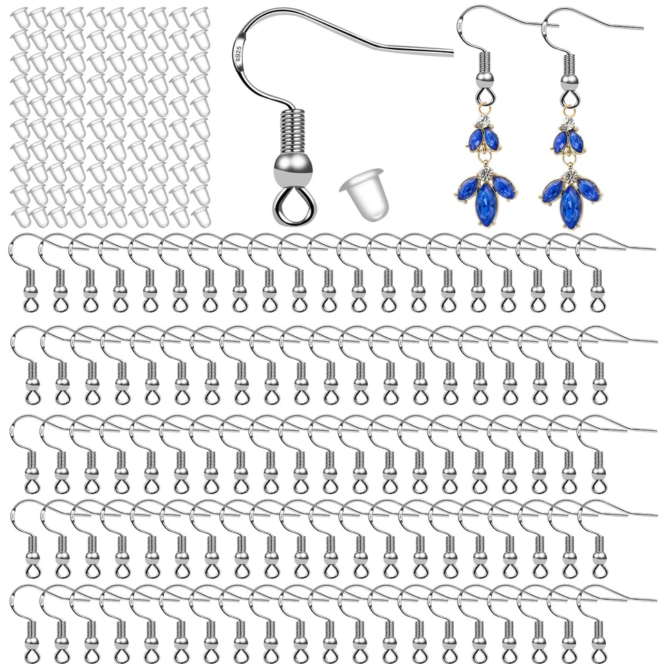 100 Pcs 50 Pairs 925 Sterling Silver Earring Hooks Fish Wires French Jewelry DIY
