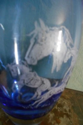 Western Etched Cobalt Blue Vase 9 3/4x5 1/2 X 2 3/4 Western Home Office Decor  - Image 1 of 4