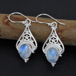 Natural Moonstone Earring 925 Sterling Silver Rainbow moonstone Earring-HE002 - Picture 1 of 3