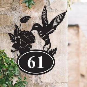 Personalised Black Hummingbird Iron House Door Number Sign - Picture 1 of 4