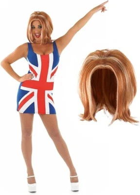 Women`s Union Jack Girl Dress Wig 90s Pop Star Ginger Spice Band Costume UK Flag - Image 1 of 4