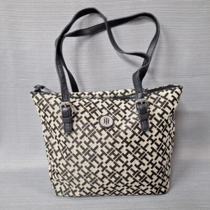 Tommy Hilfiger Black & Tan Logo TH Print Purse Shoulder Bag Fabric Faux Leather - Picture 1 of 16