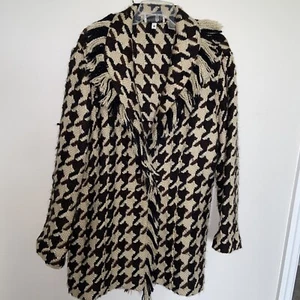 Chico's Coat SZ 1 Brown /Beige Chunky Knit Long Sleeves Fringe Houndstooth Cosy - Picture 1 of 12