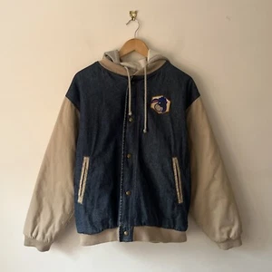 Disney Embroidered Eeyore Blue Denim Varsity Baseball Style Jacket Hooded Size M - Picture 1 of 18