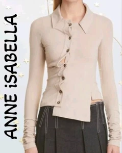 Anne Isabella Beige Asymmetrical Shirt Womens Sz-S Button Front Long Sleeves  - Picture 1 of 15