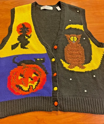 De colección Mujeres Lrg Karen Scott Halloween Suéter Chaleco Búho Luna Calabaza Gato Bruja Foto 1 de 4