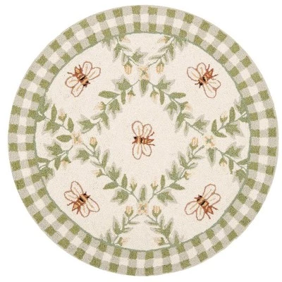 SAFAVIEH Round Border Area Rug Ivory/Green Wool Bee Floral Design 3 ft. x 3 ft. - Image 1 of 4