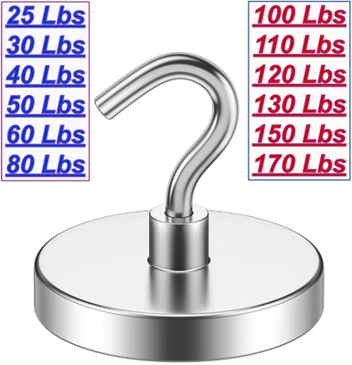 Ganchos magnéticos de alta resistencia 100 lb 50 lb 25 lb 170 lb extra fuertes grandes plateados N52 Foto 1 de 4