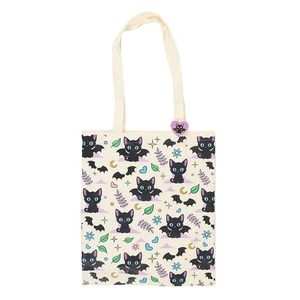 Cat/Bat Print Polycotton Tote Bag with Enamel Pin Halloween Creepy Witch - Picture 1 of 3