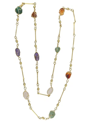COLLAR LARGO DE COLECCIÓN JAULA DE ALAMBRE PIEDRA ANGULAR MULTICOLOR CUARZO, ÁGATA TONO ORO BARRA ESLABÓN Foto 1 de 4