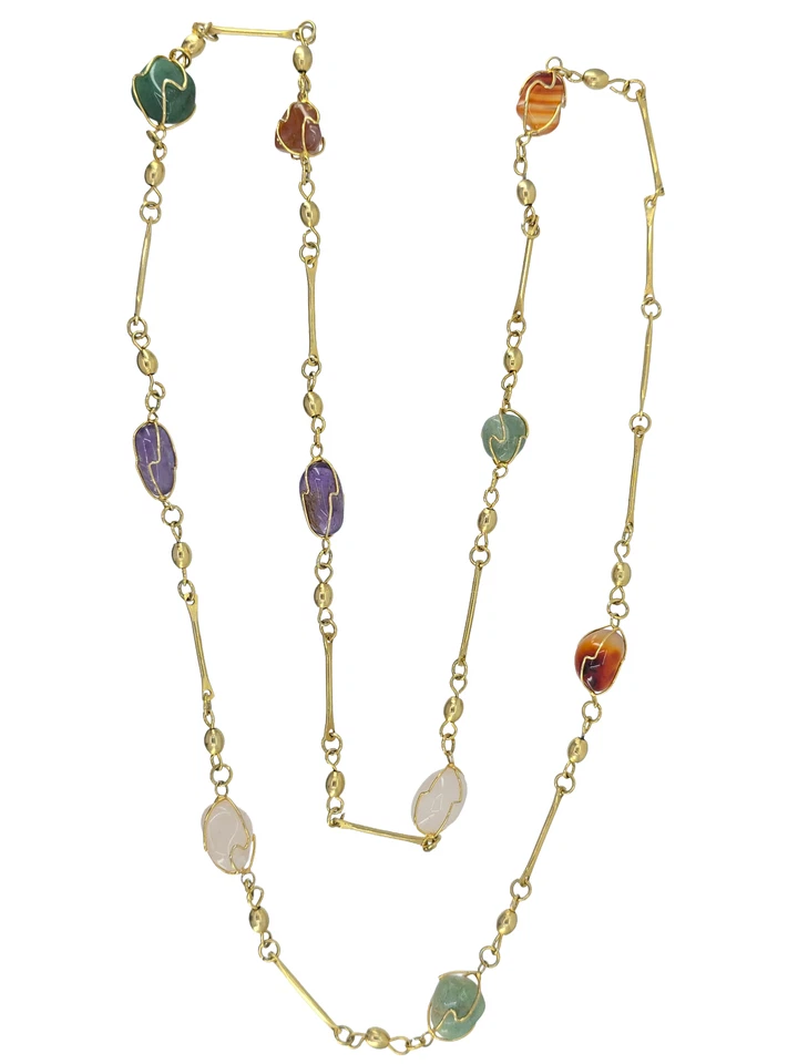 COLLAR LARGO DE COLECCIÓN JAULA DE ALAMBRE PIEDRA ANGULAR MULTICOLOR CUARZO, ÁGATA TONO ORO BARRA ESLABÓN Foto 1 de 4