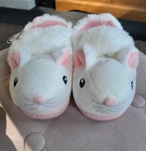JuJu Mädchen weiß & rosa flauschige Maus Hausschuhe, stabile Sohlen, einfacher Riemen Größe 8 - Bild 1 von 6