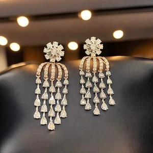 1.62 TCW Round Brilliant Cut Genuine Diamonds Dangle Earrings 14K Two-Tone Gold - Picture 1 of 13