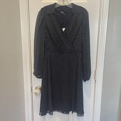 DKNY Navy Blue Polka Dot Collared Fit & Flare Long Sleeve Midi Dress Sz 6 - Image 1 of 4