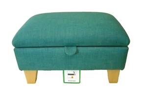 TEAL LINEN LOOK FABRIC FOOTSTOOL WITH STORAGE solid beech legs - Picture 1 of 7