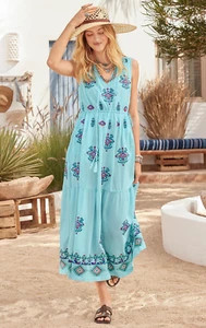 SUNDANCE Catalog S M Sunny Spirit Embroidered Cotton Boho Maxi Dress Aqua Blue - Picture 1 of 4